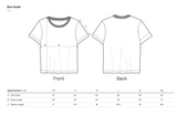 T-shirt size guide with front and back views and measurement chart.