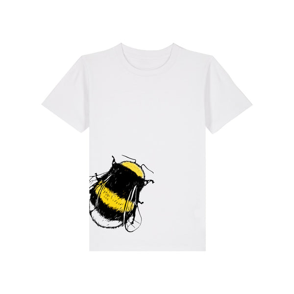 White t-shirt with a bee graphic on a white background by fauna.ie