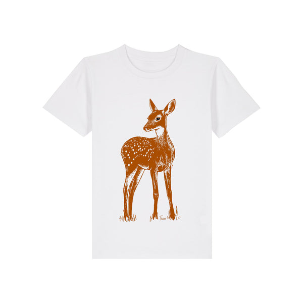 White t-shirt with a brown deer graphic on a white background by fauna.ie