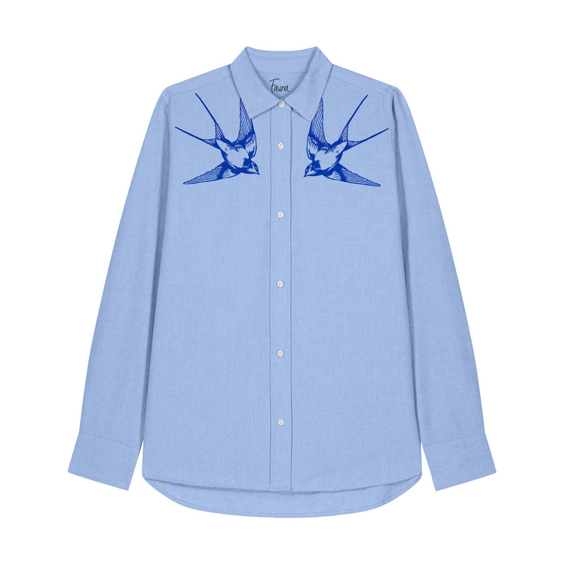 Women's Oxford Shirt | Blue with Blue Swallows - fauna.ie