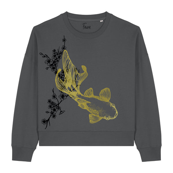 Grey cropped sweatshirt with gold  koi fish design by fauna.ie