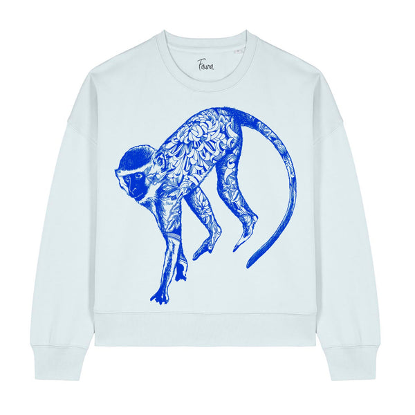 Sweatshirt with a blue monkey graphic by fauna.ie
