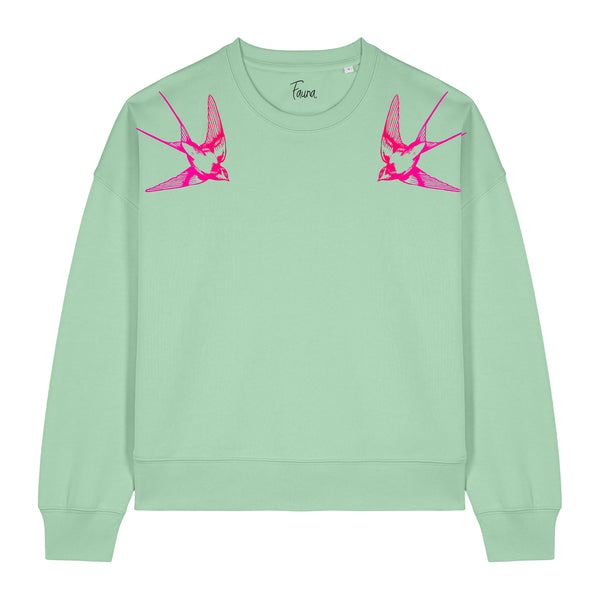 Women's cropped sweatshirt | graphic sweatshirt | neon pink swallows | fauna.ie