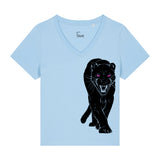 Women's light blue v-neck t-shirt with a black panther graphic by fauna.ie