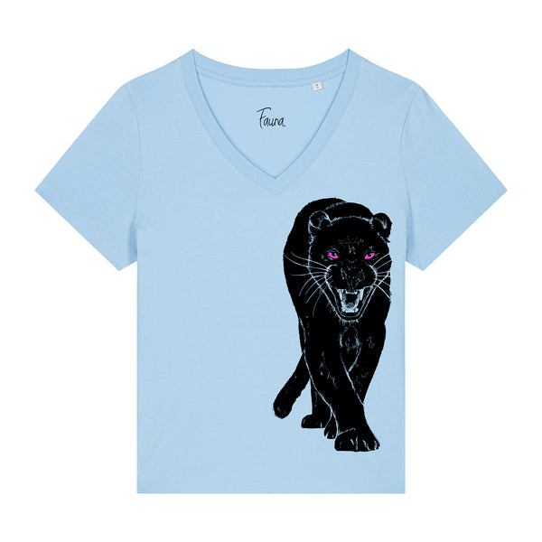 Women's light blue v-neck t-shirt with a black panther graphic by fauna.ie