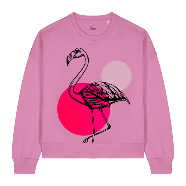 Women's cropped Pink sweatshirt with a flamingo design by fauna.ie