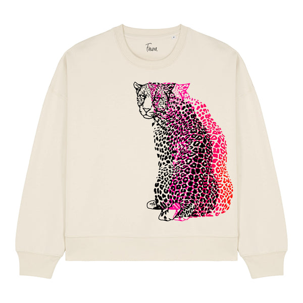 Beige sweatshirt with a pink and black hand printed leopard design by fauna.ie