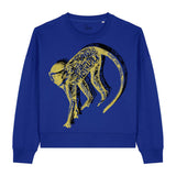 Blue sweatshirt with a gold monkey graphic by fauna.ie