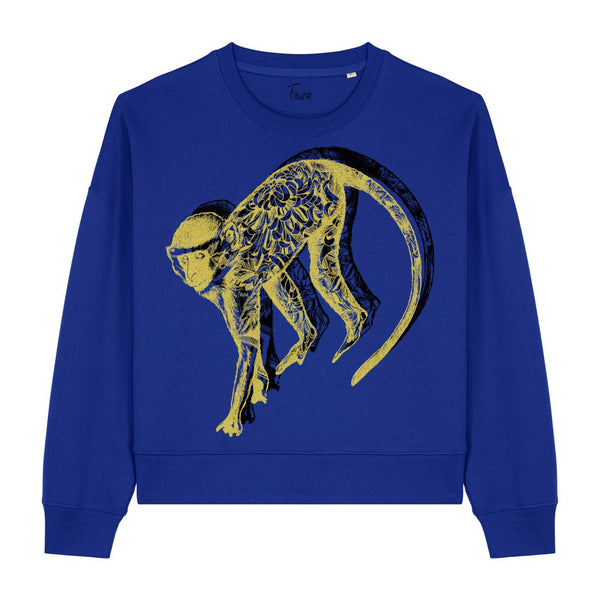 Blue sweatshirt with a gold monkey graphic by fauna.ie