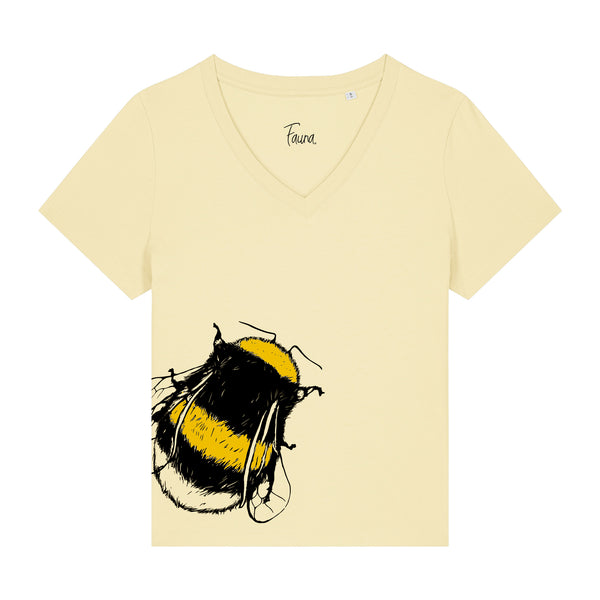 Women's yellow v-neck t-shirt with a bee print by fauna.ie