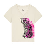 Womens cream v-neck t-shirt with a graphic of a leopard with pink and black by fauna.ie