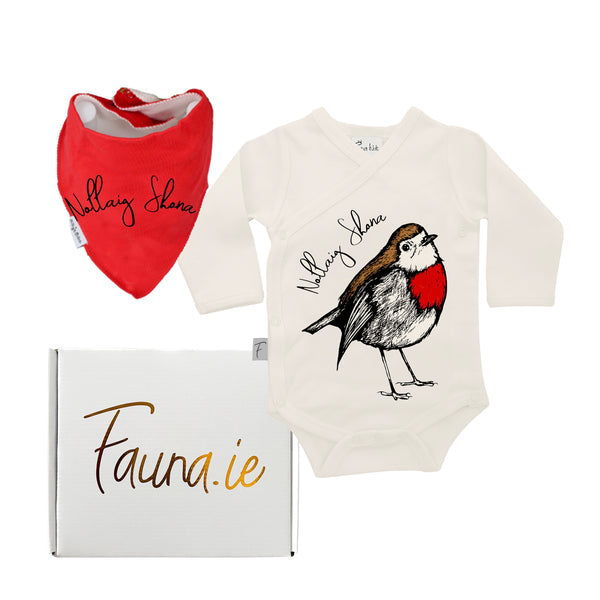 Baby Christmas Gift Box | Hand Printed Two Piece with Robin Onesie