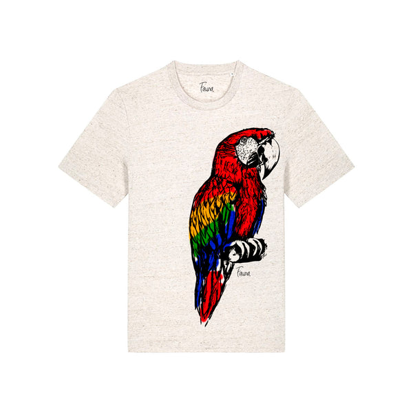 beige t-shirt with a colorful parrot graphic on a white background by fauna.ie