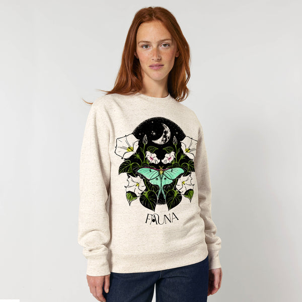 Unisex-Pfauenfeder-Sweatshirt aus Bio-Baumwolle | Silber auf Marineblau 
