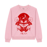 Pink sweatshirt with red fauna design on a white background
