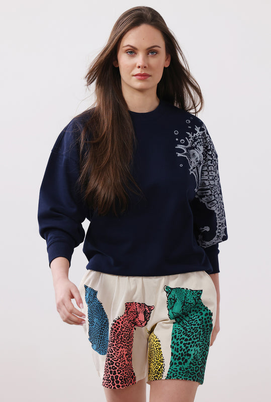 women's graphic sweatshirt with seahorse print - fauna.ie