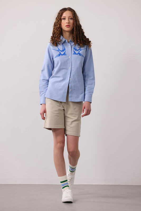 Women's oxford shirt with swallows print - Fauna.ie