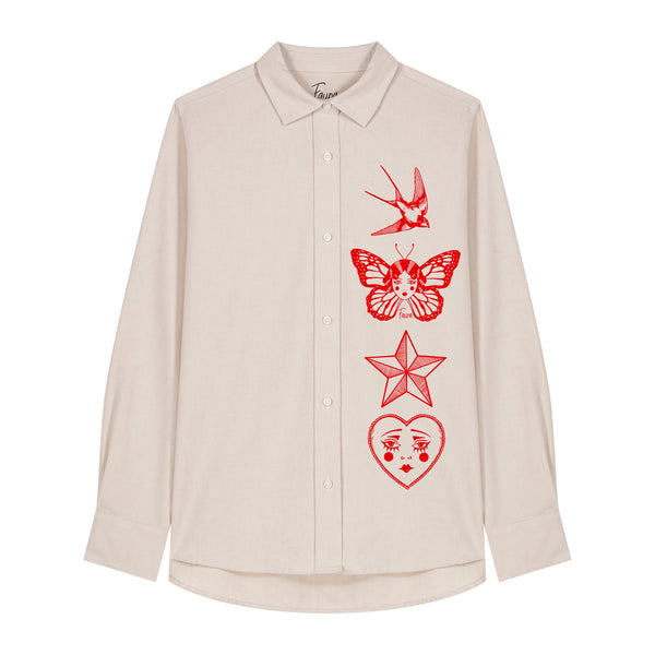 Women's Oxford Shirt | Beige with red motif