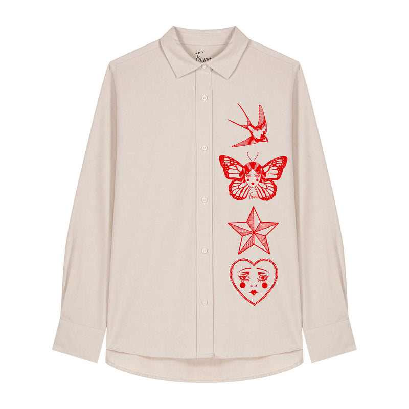 Women's Oxford Shirt | Beige with red motif