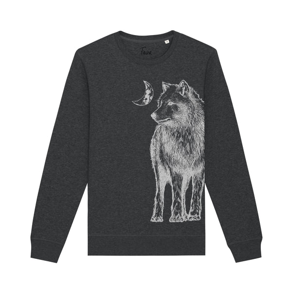 Organic Cotton Graphic Sweatshirt | Silver Wolf on dark heather grey