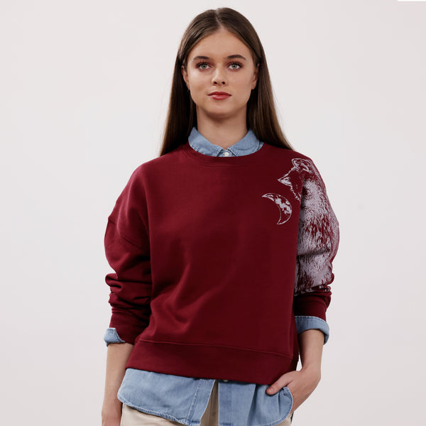 Women's Graphic Sweatshirt | Silver Wolf on Burgundy