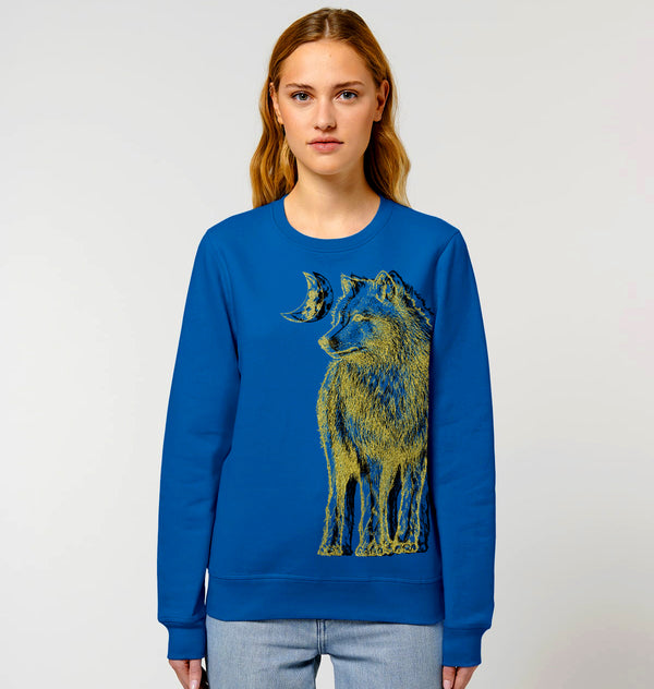 Organic Cotton Unisex Sweatshirt | Gold & black wolf on royal blue