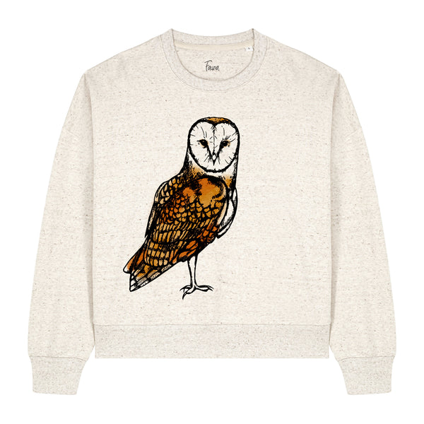 Beige cropped women's sweatshirt with an owl design by fauna.ie