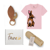 Collage of products from Fauna.ie including a rabbit-shaped teething ring, t-shirt with rabbit design, gift box, and Saga swaddle