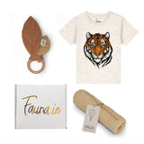 Collage of baby products with 'Fauna.ie' branding, including a teething ring, t-shirt with tiger design, and wrap.