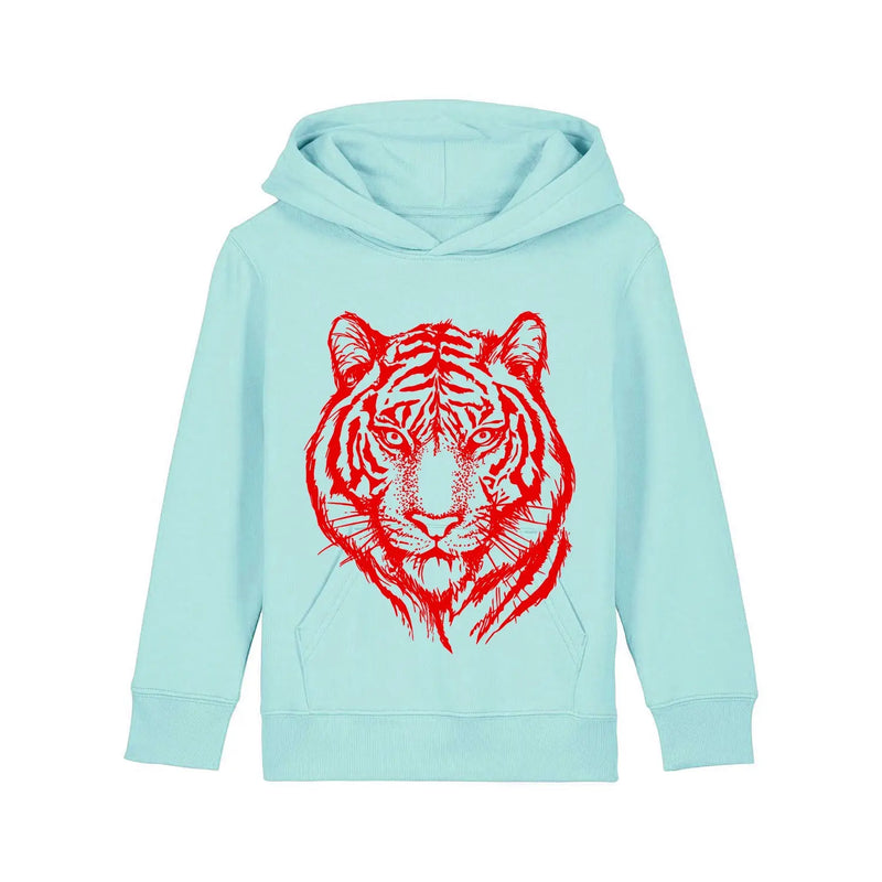 organic cotton aqua kids hoodie with red tiger print by fauna.ie