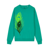 organic cotton green sweatshirt with a peacock feather print by fauna.ie