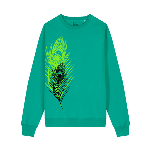 organic cotton green sweatshirt with a peacock feather print by fauna.ie