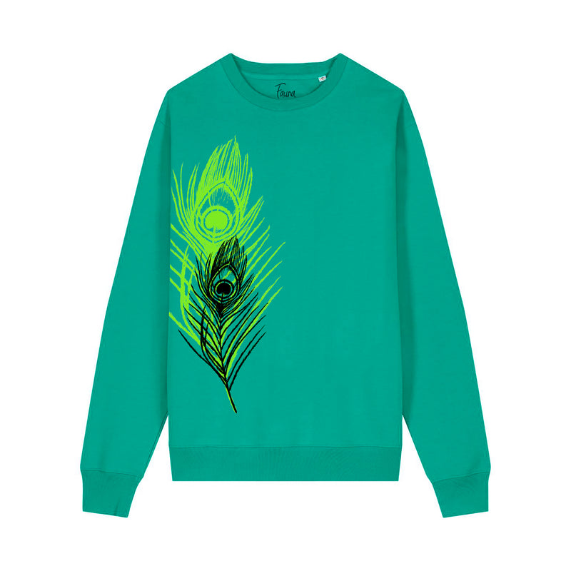 organic cotton green sweatshirt with a peacock feather print by fauna.ie