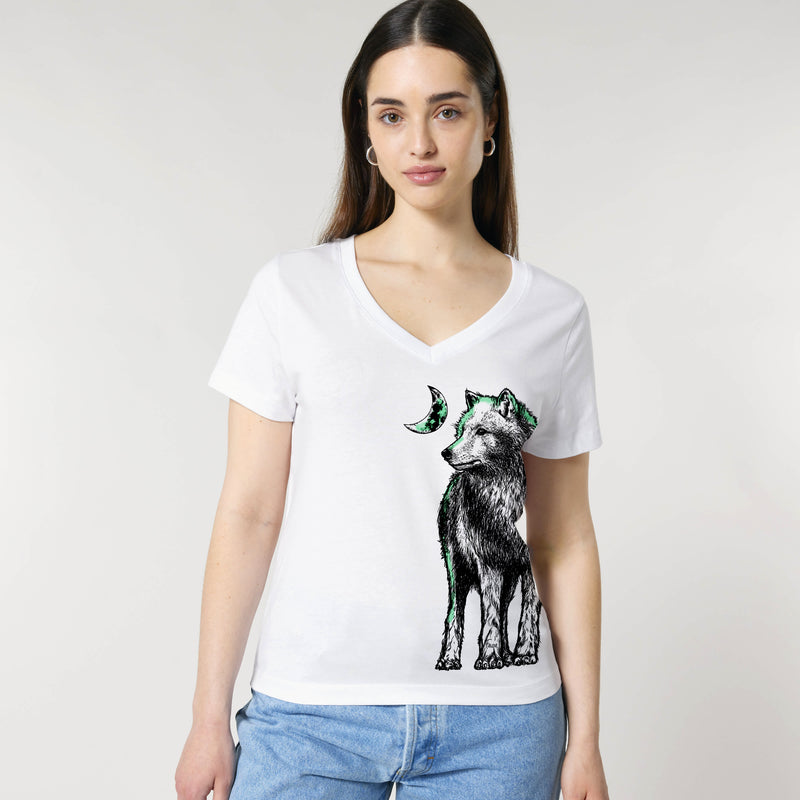 Women's v-neck t-shirt | Wolf in white & mint